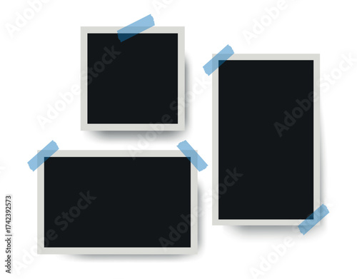 Pictures or photos frame collage. Empty retro photo frames with ribbon. Vintage templates for scrapbook or memory album. Realistic vector illustration on white background.
