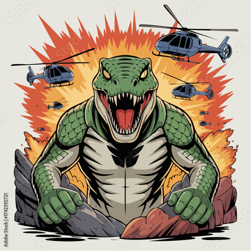 Giant Green Dinosaur Roaring with Helicopters in the Background.