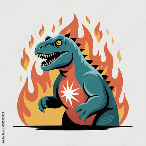 Furious Tyrannosaurus Rex engulfed in roaring flames.
