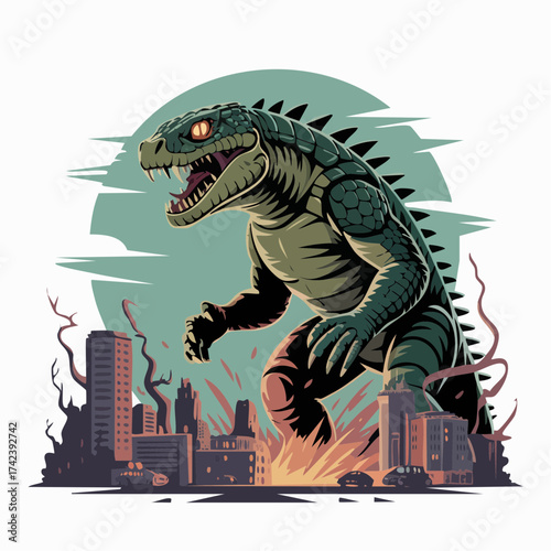 Giant lizard monster with glowing blue breath attacking a city.