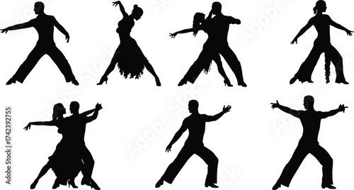 PrintSilhouette of ballroom dancers performing passionate dance poses, male and female couples expressing elegance, rhythm, movement, performance, choreography, and style.