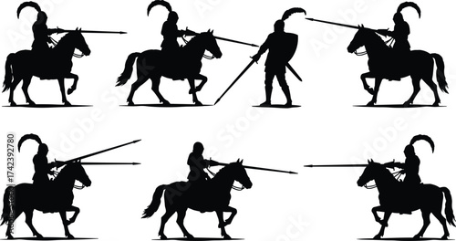 PrintSilhouette medieval knights on horseback with lances, jousting warriors, ancient soldiers, battle reenactment, historical combat, military tradition, cavalry warriors, war.