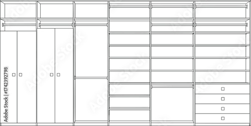Modular closet, wardrobe system, storage compartments, hanging space, open shelves, drawer unit, interior design, furniture layout, vector illustration, organized space