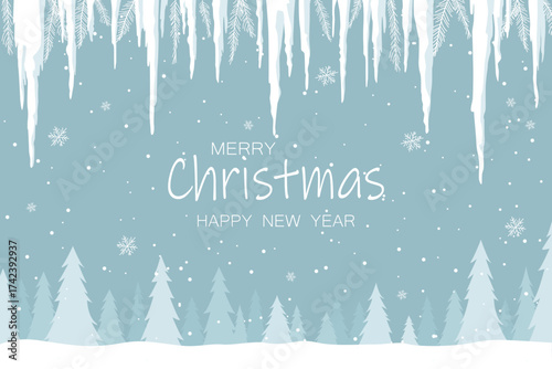 Snowy winter forest with beautiful icicles in the background. Winter forest landscape for background. Vector illustration of winter nature for Christmas design.