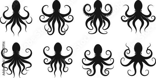 Octopus silhouette icon set, marine animal graphic, tentacle pose collection, sea creature illustration, black vector design, isolated ocean life