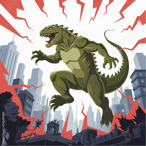 Giant green lizard monster rampaging with sharp claws and teeth.