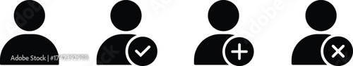 Set of four user icons showing add, check, plus, and cross symbols isolated on white background