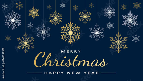 Beautiful blue Christmas background with stunning snowflakes for design. A dark blue Christmas background with gold and white snowflakes for your holiday design, vector illustration.