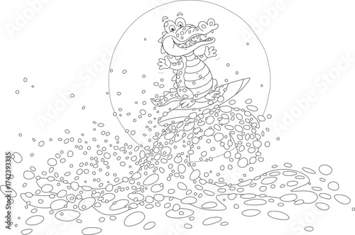 Funny crocodile surfing on a sea wave among water splashes on a sunny summer day, black and white outline vector cartoon illustration for a coloring book