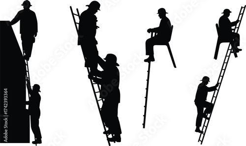 PrintSilhouette of firefighters climbing ladders, emergency rescue training, fire safety teamwork, firefighter equipment practice, ladder operation, firefighter safety mission, building rescue drill.