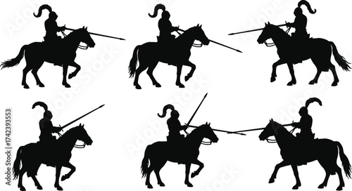 PrintSilhouette of medieval knights jousting on horses with lances, historic cavalry warriors in tournament combat, medieval battle illustration, armored knight fight.