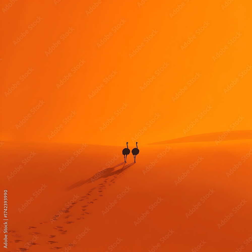Fototapeta premium Silhouettes of Two Ostriches in a Desert at Dusk bird