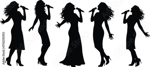 PrintSilhouette of women singing with microphone, female vocalists performing music, elegant singers in dresses, concert performance vector illustration for artistic design.