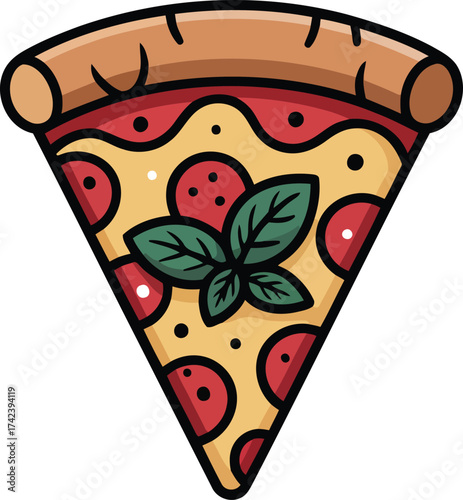 Stylized pizza slice with pepperoni and basil food