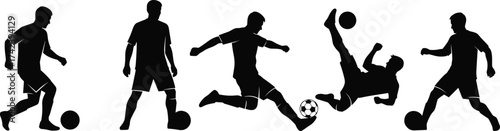 Soccer player silhouettes, action poses, football movement, athletic skill, ball control, dynamic kicks, black background, sports illustration, team game