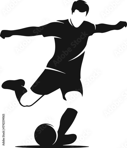 Soccer silhouette with prosthetic leg, inclusive sports, dynamic kick pose, athletic movement, determination, black background, football action, disability empowerment