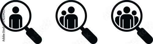 Three magnifying glasses with people icons inside, representing search and selection of individuals or groups, isolated on white background