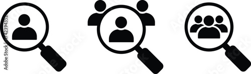 Three magnifying glasses showing different numbers of people icons, symbolizing search for individuals and groups, isolated on white background
