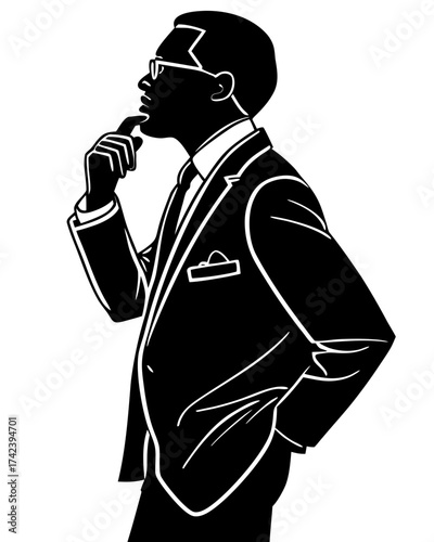Businessman thinking pose.. Silhouette of a man in a suit contemplating a business strategy. Professional man in deep thought, problem-solving and planning.