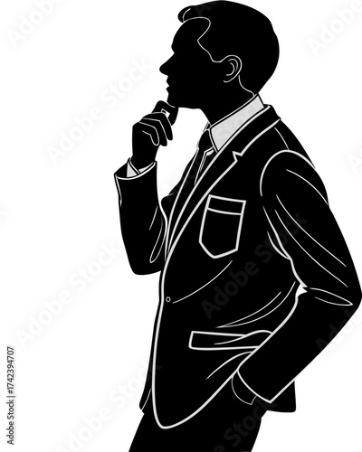 Businessman thinking pose.. Silhouette of a man in a suit contemplating a business strategy. Professional man in deep thought, problem-solving and planning.