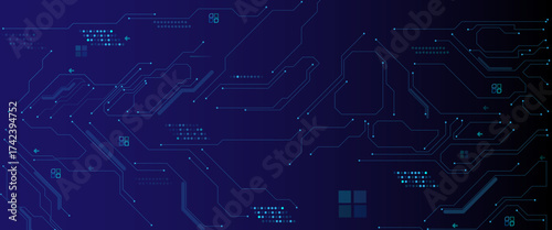 Glowing light blue neon AI chip with thin circuit contact lines.