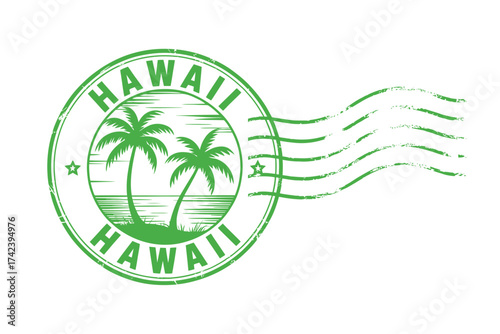 Green hawaii postmark stamp with palm trees and waves