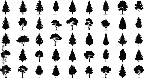 PrintSilhouette vector collection of pine trees, deciduous trees, evergreen trees, forest elements, nature icons, black isolated tree shapes, woodland design set