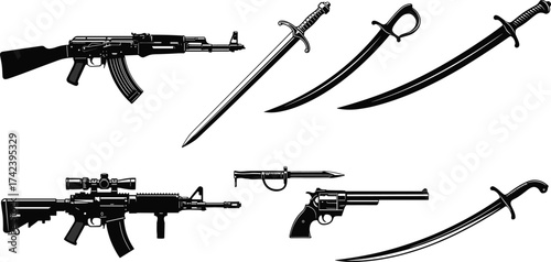 Weapon silhouette vector set, black firearm and sword icons, military clipart, historical weapons illustration, combat gear design collection