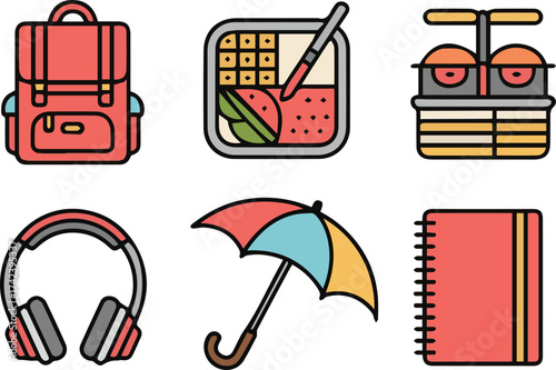 Icons of everyday essentials and travel items