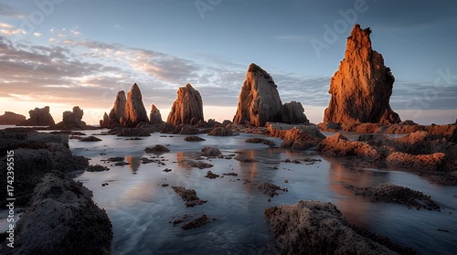 Rugged coastal rock formations sculpted by the sea at sunrise with a dramatic sky