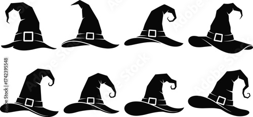 Witch hat silhouette vector set, black Halloween icons, magical costume clipart, spooky hat design, fantasy illustration collection pack