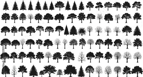 PrintTree silhouette vector set, black forest illustration, pine, oak, palm, seasonal trees collection, isolated nature design, woodland landscape elements
