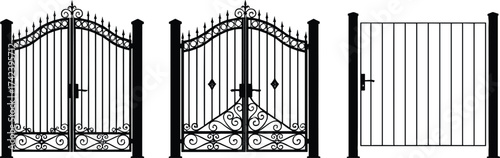 Wrought iron gate icon set, decorative fence silhouette, vintage gate design, architectural element graphic, black vector illustration, isolated structure