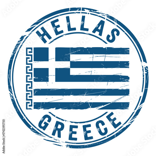 Distressed stamp featuring the greek flag and hellas greece