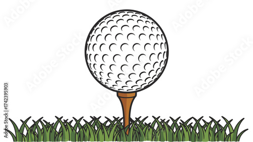 Golf ball resting on wooden tee on grass for golf course play