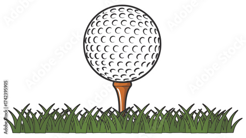 Golf ball on wooden tee placed on grass for outdoor golfing sport
