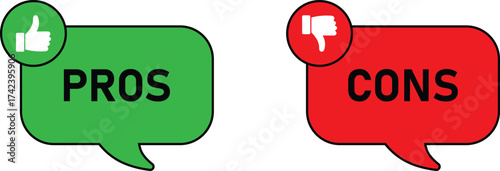 Pros and cons speech bubbles with thumbs up and thumbs down icons isolated on white background