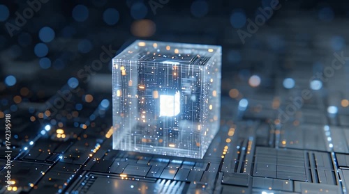 Digital data processing unit inside a glowing transparent cube on a futuristic microchip, visualizing artificial intelligence, quantum computing, and complex network systems