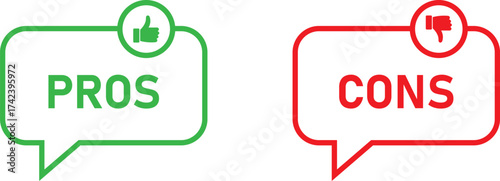 Speech bubbles with pros and cons text and icons, representing advantages and disadvantages, isolated on white background
