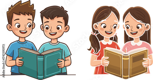 PrintTwo boys reading book together, two girls studying book, happy children learning, cartoon illustration, education concept, classroom, knowledge, studying, teamwork