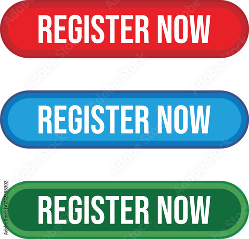 Three register now buttons in red, blue, and green isolated on white background