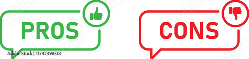 Pros and cons speech bubbles with thumbs up and thumbs down icons isolated on white background