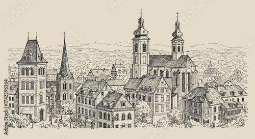 Detailed Sketch of a European Townscape with Churches and Buildings.