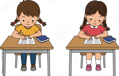 PrintTwo school girls sitting at desk writing, classroom learning, studying, exam preparation, education concept, primary students, knowledge development, homework practice