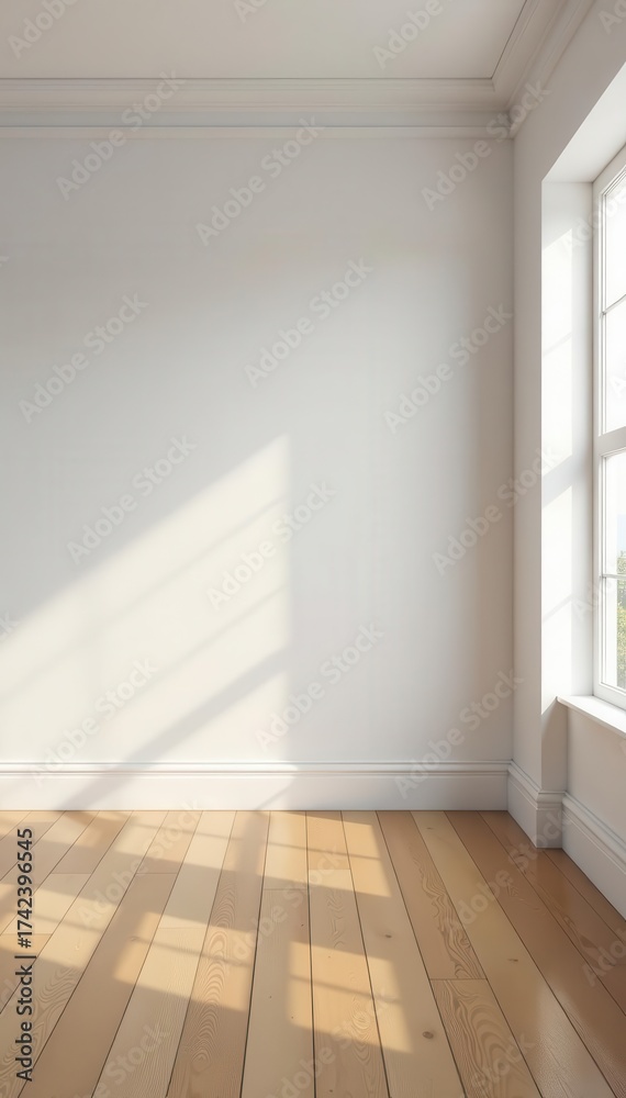 Fototapeta premium An empty white room with wooden floors, offering a sense of solitude and serenity, spacious, empty