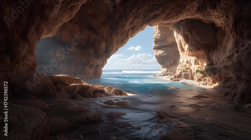 Enchanting sea cave opening to a tranquil ocean with gentle waves, illuminated by natural light, showcasing rugged rock formations and serene coastal beauty
