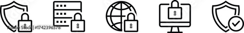 Set of five security icons including shield with padlock, server rack with padlock, globe with padlock, computer monitor with padlock, and shield with checkmark, isolated on white background