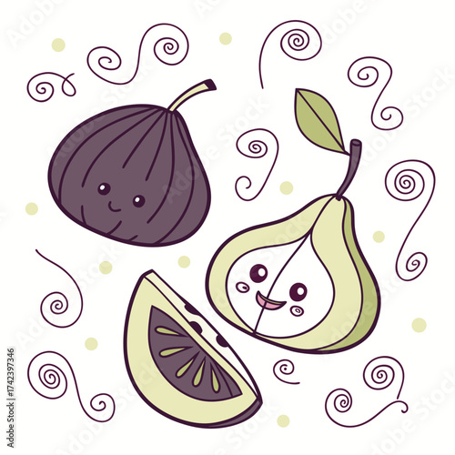 Cute figs and pears with swirls, a whimsical design