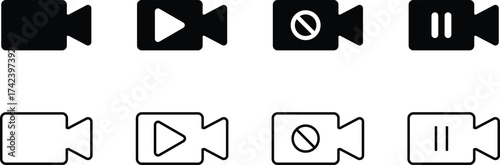 Set of video camera icons, including play, pause, and stop symbols, isolated on white background