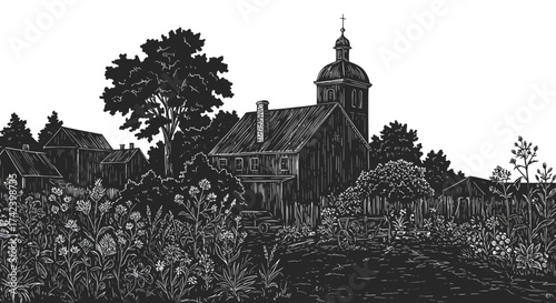 Black and White Illustration of a Rural Village with a Church and Houses.